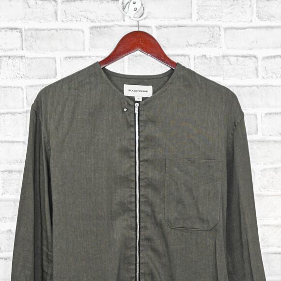 SOLID HOMME Men's Linen zip up Shirt in olive green size 48 - Picture 3 of 8